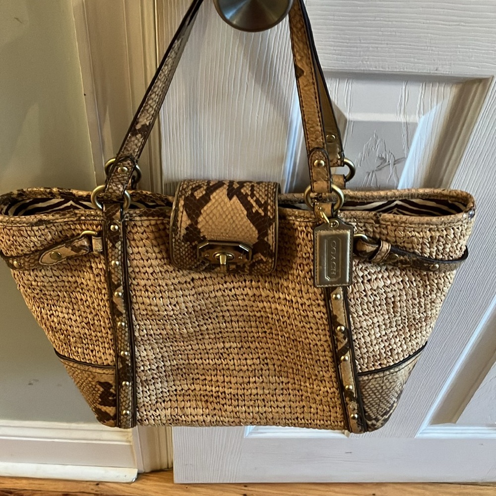 Coach Straw Hampton Tote Python Embossed Leather … - image 7